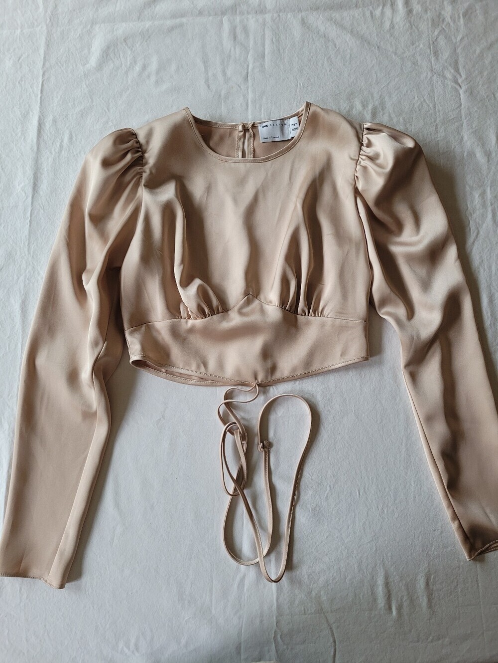 asos Collective Nude Satin Pufflong-Sleeve Crop Top with Tie Back Size4